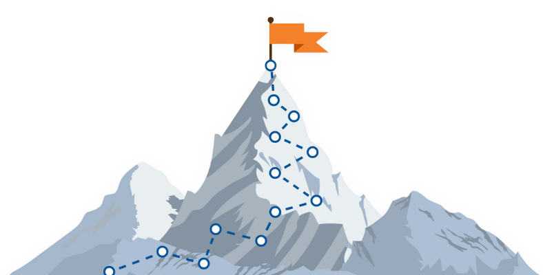 Illustration of a mountain with a flag at the top and stops along the way up the mountain.