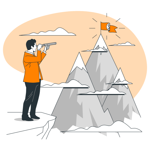 Cartoon of a man looking at the top of a mountain