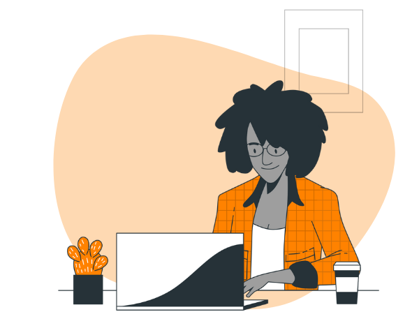 Cartoon of woman sitting at a desk looking at a laptop