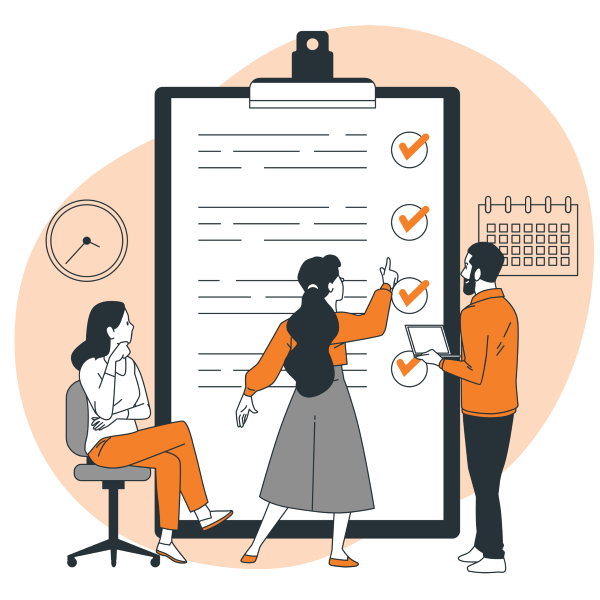 Cartoon of three people looking at a checklist on a clipboard